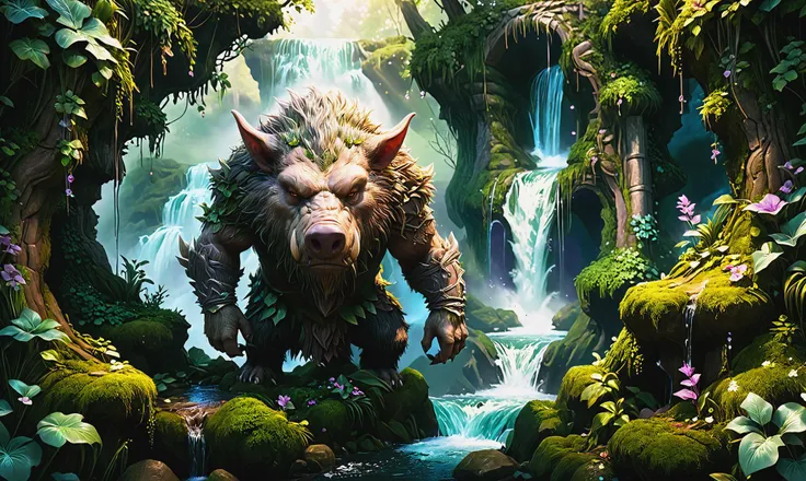 Beautiful detailed digital illustration of a <lora:RPGWereboarXL:0.7> wereboar at a Enchanted waterfall concealing magical entrance, <lora:EnvyGardencoreXL01:0.7>, <lora:xl_more_art-full_v1:0.4>