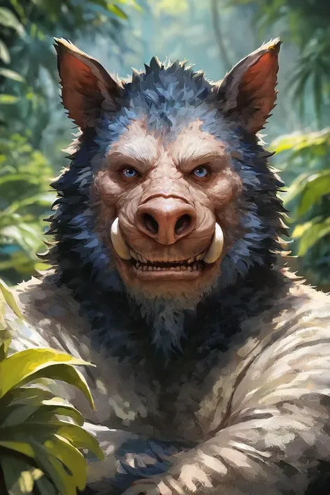 score_9, score_8_up, source_anime, rating_safe, Fantasy, Wereboar, fur, tusks, animal ears, teeth, <lora:RPGWereboarXL:1>, 1boy,  indigo eyes, , Sitting, holding mace, centered, portrait, Short, Tropical Rainforest, distant trees, photorealistic, facing viewer. impressionist painting, Noon, up close, detailed face, face focus, full body, solo, looking at viewer,