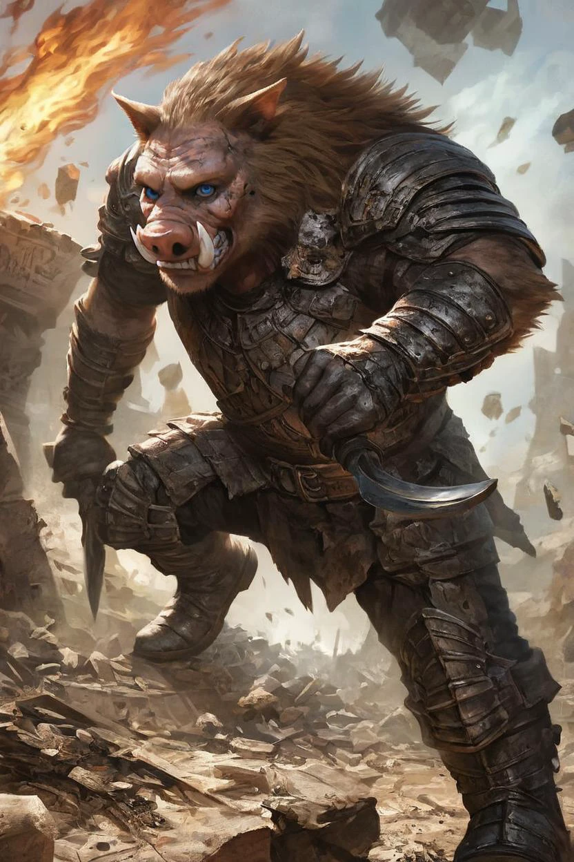 score_9, score_8_up, source_anime, rating_safe, Fantasy, Wereboar, fur, tusks, animal ears, teeth, <lora:RPGWereboarXL:1>, 1boy, blue eyes, Spiky armor, boots, gloves, Action pose, holding sword, centered, portrait, Battlefield, fire, rubble, distant pyramid, photorealistic, facing viewer. impressionist painting, Morning, up close, detailed face, face focus, full body, solo, looking at viewer,