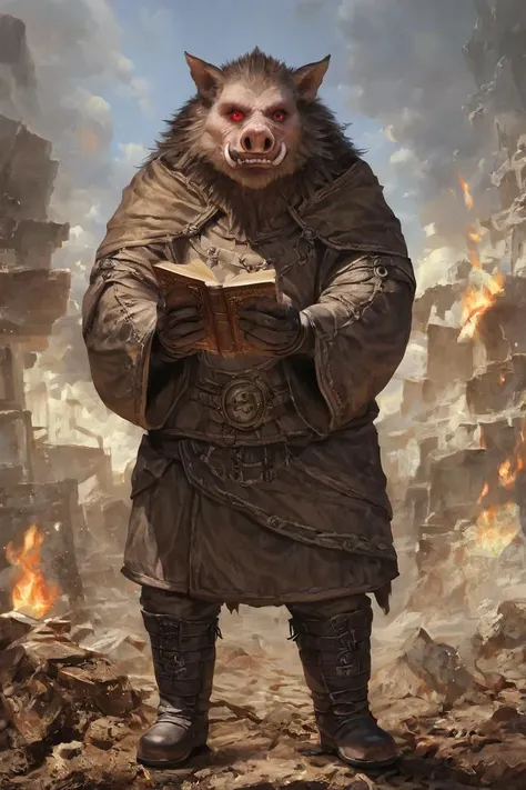 score_9, score_8_up, source_anime, rating_safe, Fantasy, Wereboar, fur, tusks, animal ears, teeth, <lora:RPGWereboarXL:1>, 1girl,  Red eyes, Druid robe, boots, gloves, Prayer, holding book, centered, portrait,  Battlefield, fire, rubble, distant huge statues, photorealistic, facing viewer. impressionist painting, Noon, up close, detailed face, face focus, full body, solo, looking at viewer,