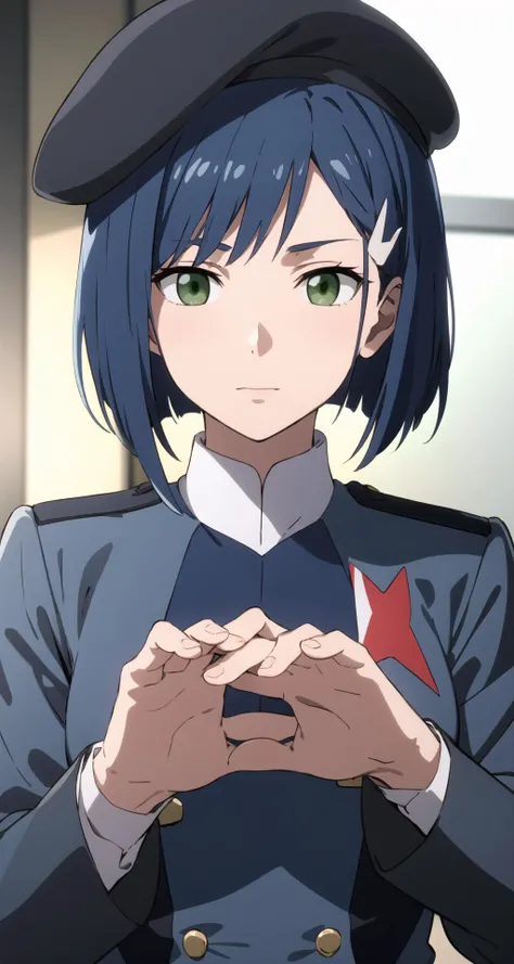 franxxichigo,, ichigo, blue hair, (green eyes:1.5), hair ornament, hairclip, short hair, BREAK beret, hat, military, military uniform, uniform, BREAK looking at viewer, BREAK indoors, classroom, BREAK <lyco:GoodHands-beta2:1>, (masterpiece:1.2), best quality, high resolution, unity 8k wallpaper, (illustration:0.8), (beautiful detailed eyes:1.6), extremely detailed face, perfect lighting, extremely detailed CG, (perfect hands, perfect anatomy),
<lora:ichigo-lora-nochekaiser:1>