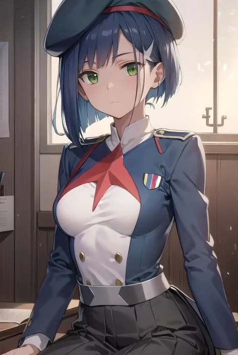 ((Highest quality)),((Very detailed)),masterpiece,Absurd,Detailed face,Beautiful Face,((Fine grain, Deep Eyes)),(One girl),((Dynamic pose)),    strawberry, One girl, alone, Blue Hair, Green Eyes, hair ornaments, short hair, Hair Clip, uniform, army, Upper Body, army uniform, Mouth closed, bangs, Hair on one eye, Look to the side, indoor, avert your eyes, Parody, Pilot Suit　 full_nude　Breasts swaying　Bouncing breasts　Nipple Emphasis　Erect nipples, open legs　Obscene pose　Sexual appeal