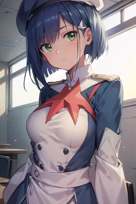 franxxichigo, <lora:ichigo-lora-nochekaiser:1>,
ichigo, blue hair, (green eyes:1.5), hair ornament, hairclip, short hair,
BREAK beret, hat, military, military uniform, uniform,
BREAK looking at viewer,
BREAK indoors, classroom,
BREAK <lyco:GoodHands-beta2:1>, (masterpiece:1.2), best quality, high resolution, unity 8k wallpaper, (illustration:0.8), (beautiful detailed eyes:1.6), extremely detailed face, perfect lighting, extremely detailed CG, (perfect hands, perfect anatomy),