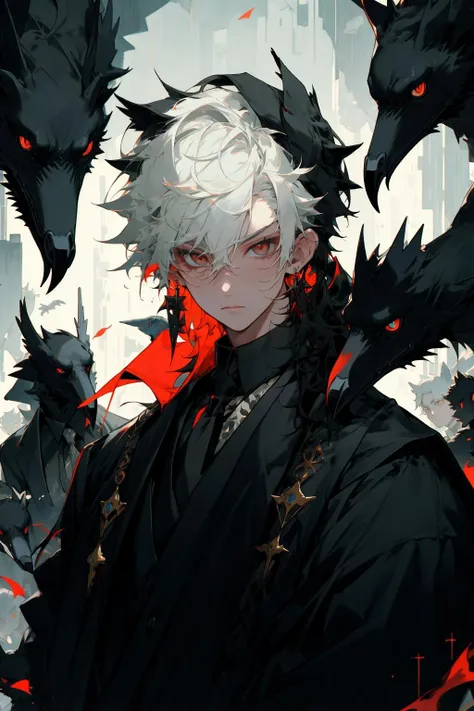 masterpiece,best quality,1boy,jewelry,male focus,looking at viewer,solo,upper body,<lora:lboy-000010:0.8>,white hair,crow,