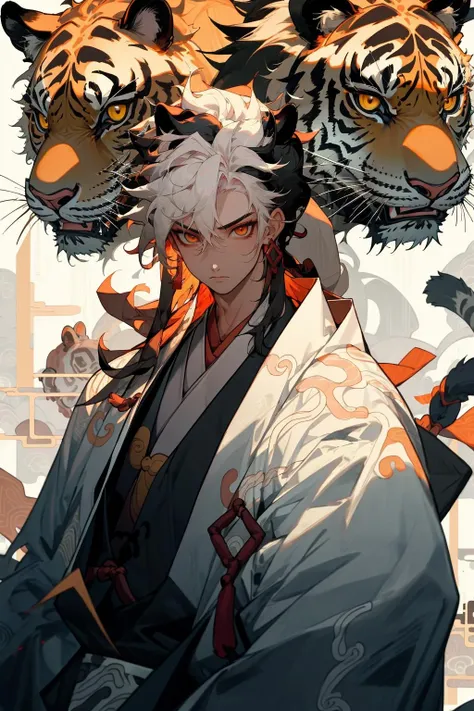 masterpiece,best quality,1boy,jewelry,male focus,looking at viewer,solo,upper body,<lora:lboy-000010:0.8>,white hair,(Taoist robe:1.2),tiger,