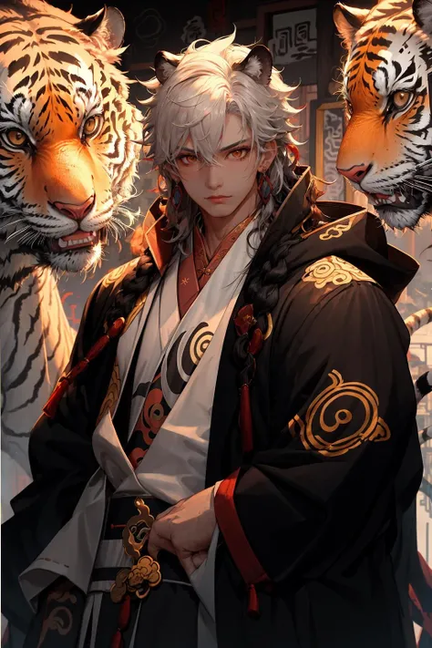 Realistic, (masterpiece, top quality, best quality, official art), very detailed, colorful, most detailed, gods, silver long hair, handsome man, white Taoist robe, Buddha bead necklace, pectorals, abs, ancient Chinese temple background, Buddha statue, magic, white tiger, flame,