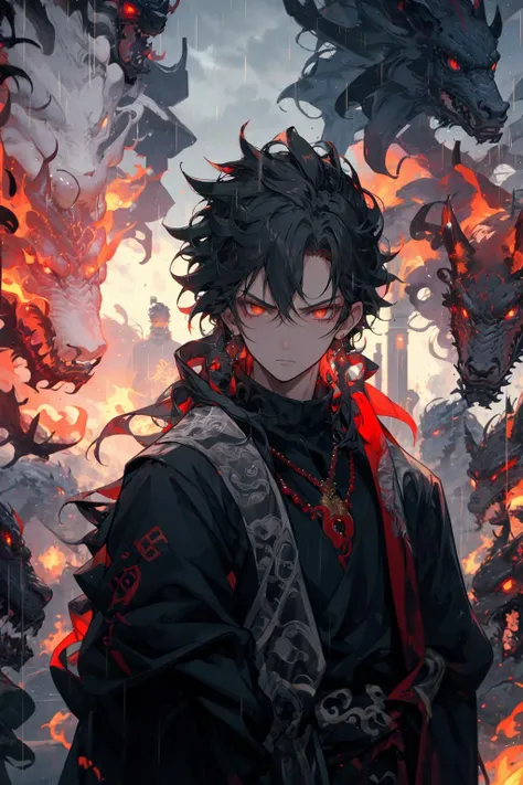 masterpiece,best quality,1boy,jewelry,male focus,fire,looking at viewer,rain,solo,closed mouth,upper body,dragon,<lora:lboy-000010:1>,