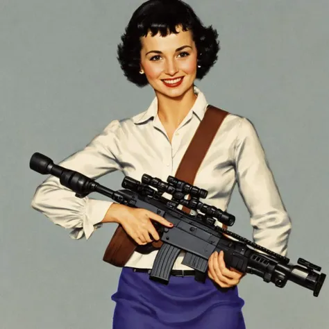 <lora:nooneaskedforthis:1> nooneaskedforthis a woman holding a rifle, smiling