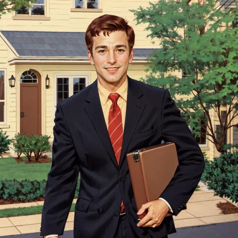 <lora:nooneaskedforthis:1.3> nooneaskedforthis a middle-aged man in a business suit holding a briefcase, smiling, in front of a suburban house