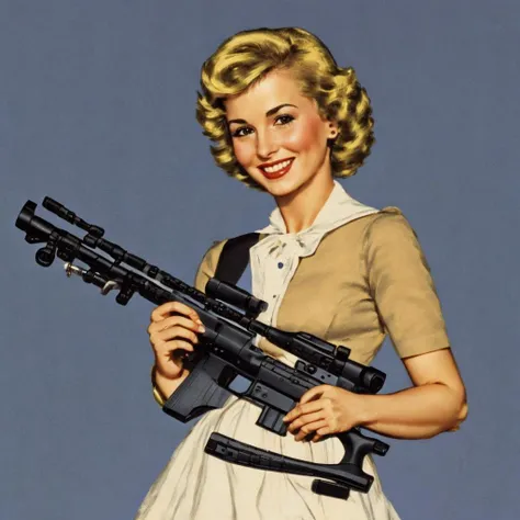 <lora:nooneaskedforthis:1> nooneaskedforthis a woman holding a rifle, smiling