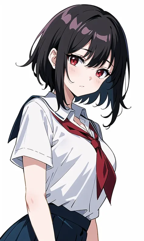 masterpiece, best quality, white_background, red eyes, black hair, medium hair, small_breasts, school uniform, short_sleeves