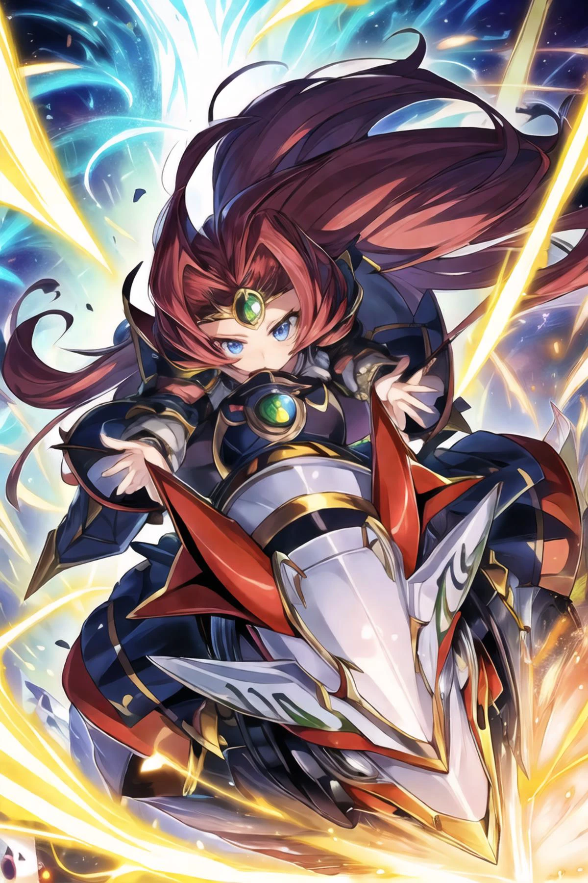 <lora:add_brightness:0.5><lora:add_detail:0.5><lora:yugioh:1>ultra detail,masterpiece, 8k,
glowing, yugioh style, yugioh monster, duel monster,
girl,curvy,solo focus, machine, earth,machinery ,long sleeves, thighs, low-tied long hair, incoming attack, riding machine,racing,
armored dress, forehead protector,
upper body,