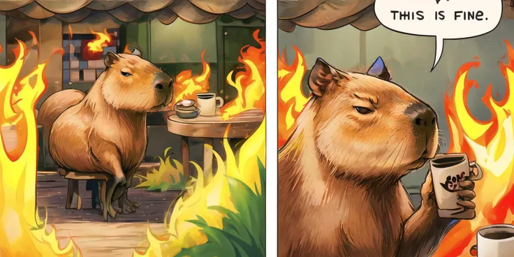<lora:add_brightness:0.5><lora:add_detail:0.5><lora:ThisIsFineMeme:1>
INCRSTHISISFINEMEME,SOLO, FIRE, MUG,
<lora:capi:1> 1capybara, drinking,