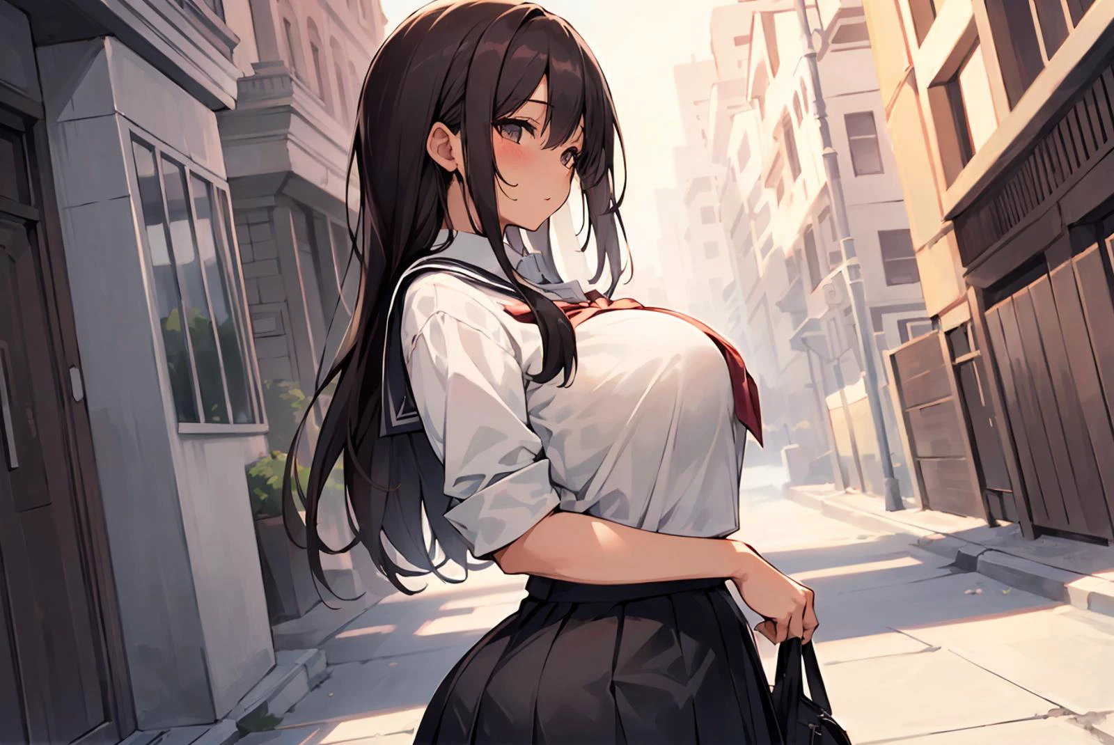 (best quality, masterpiece), (mature woman, solo), (back shot), (schoolgirl uniform), (pleasure face), beige hair, dark black brown skin, huge long wide breasts, huge wide hip, thick, curvy, (outdoor background)