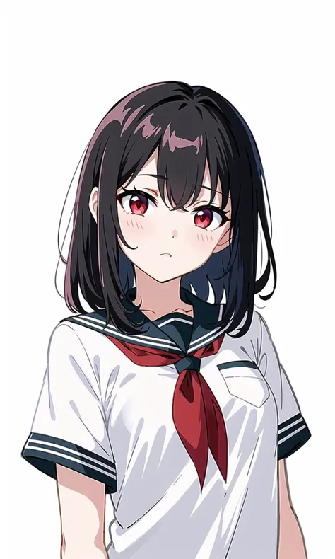 masterpiece, best quality, white_background, red eyes, black hair, medium hair, small_breasts, school uniform, short_sleeves