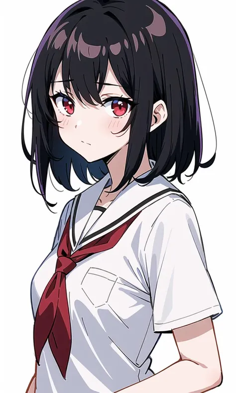 masterpiece, best quality, white_background, red eyes, black hair, medium hair, small_breasts, school uniform, short_sleeves