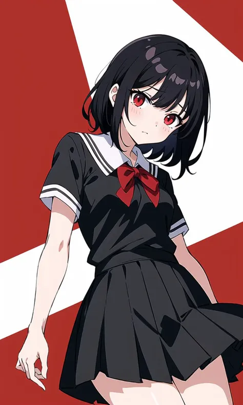 masterpiece, best quality, white_background, red eyes, black hair, medium hair, small_breasts, school uniform, short_sleeves