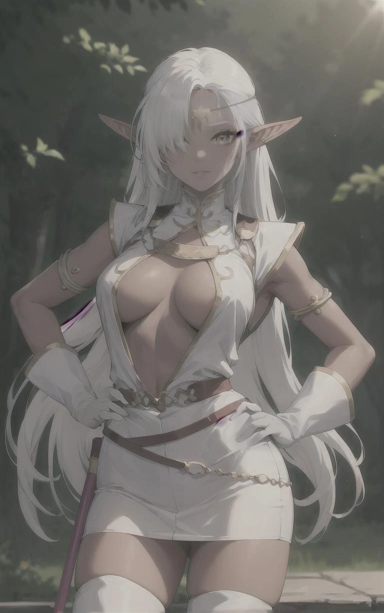 ((masterpiece, best quality)), insaneres, absurdres, solo, outdoors,
ANI_CLASSIC_pirotess_ownwaifu, www.ownwaifu.com,
long hair, pointy ears, elf, dark skin, dark-skinned female, dark elf, breasts, white hair, circlet, large breasts, very long hair, yellow eyes, lips, armlet, long pointy ears, lipstick, makeup, bangs, nose, earrings, toned, silver hair, hair over one eye, forehead jewel, necklace,
cleavage, white gloves, thighhighs, white legwear, armor, elbow gloves, no bra, breasts apart, belt, center opening, open clothes, short dress, white thighhighs, white dress, thighs,
narrow waist, sheathed,
(contrapposto, hand on hip)<lora:ANI_CLASSIC_pirotess_ownwaifu-15:1>,
lens flare, depth of field, bokeh, embers, vanishing point, looking at viewer,