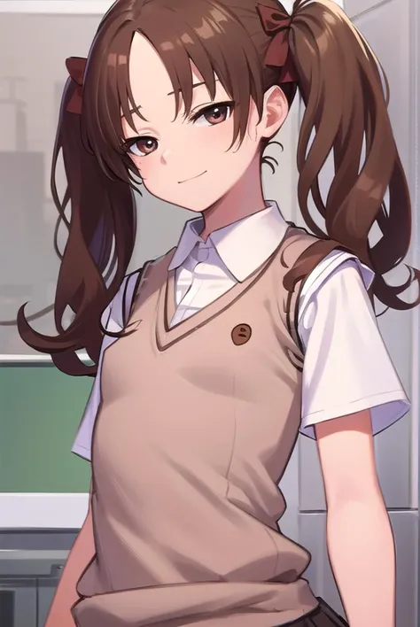 kurokoshirai, <lyco:kurokoshirai-lyco-nochekaiser:1>,
kuroko shirai, brown hair, long hair, (parted bangs:1.5), (brown eyes:1.7), ringlets, twintails, hair bow, bow, red bow, (small breasts:1.2), <lora:sensualface_type1:1>, smile,
BREAK armband, black skirt, collared shirt, dress shirt, pleated skirt, safety pin, school uniform, shirt, short sleeves, skirt, summer uniform, sweater vest, tokiwadai school uniform, twintails, white shirt, (brown sweater vest:1.5),
BREAK looking at viewer, upper body, fully body,
BREAK indoors, classroom,
BREAK <lyco:GoodHands-beta2:1>, (masterpiece:1.2), best quality, high resolution, unity 8k wallpaper, (illustration:0.8), (beautiful detailed eyes:1.6), extremely detailed face, perfect lighting, extremely detailed CG, (perfect hands, perfect anatomy),