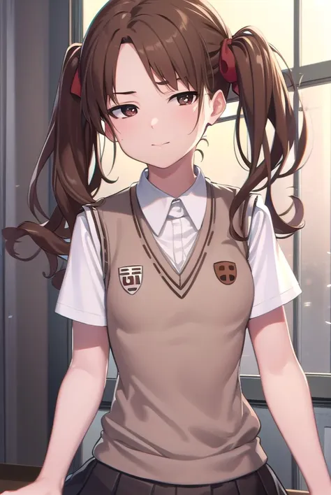 kurokoshirai, <lyco:kurokoshirai-lyco-nochekaiser:1>,
kuroko shirai, brown hair, long hair, (parted bangs:1.5), (brown eyes:1.7), ringlets, twintails, hair bow, bow, red bow, (small breasts:1.2), <lora:sensualface_type2:1>, smile,
BREAK armband, black skirt, collared shirt, dress shirt, pleated skirt, safety pin, school uniform, shirt, short sleeves, skirt, summer uniform, sweater vest, tokiwadai school uniform, twintails, white shirt, (brown sweater vest:1.5),
BREAK looking at viewer, upper body, fully body,
BREAK indoors, classroom,
BREAK <lyco:GoodHands-beta2:1>, (masterpiece:1.2), best quality, high resolution, unity 8k wallpaper, (illustration:0.8), (beautiful detailed eyes:1.6), extremely detailed face, perfect lighting, extremely detailed CG, (perfect hands, perfect anatomy),