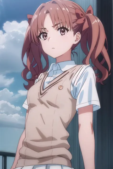 kurokoshirai, <lyco:kuroko shirai s3-lyco-nochekaiser:1>,
kuroko shirai, brown hair, long hair, (parted bangs:1.5), (brown eyes:1.7), ringlets, twintails, hair bow, bow, red bow, (small breasts:1.2),
BREAK armband, black skirt, collared shirt, dress shirt, pleated skirt, safety pin, school uniform, shirt, short sleeves, skirt, summer uniform, sweater vest, tokiwadai school uniform, twintails, white shirt, (brown sweater vest:1.5),
BREAK outdoor, city, sky, sun, clouds,
BREAK looking at viewer, (cowboy shot:1.5),
BREAK <lyco:GoodHands-beta2:1>, (masterpiece:1.2), best quality, high resolution, unity 8k wallpaper, (illustration:0.8), (beautiful detailed eyes:1.6), extremely detailed face, perfect lighting, extremely detailed CG, (perfect hands, perfect anatomy),