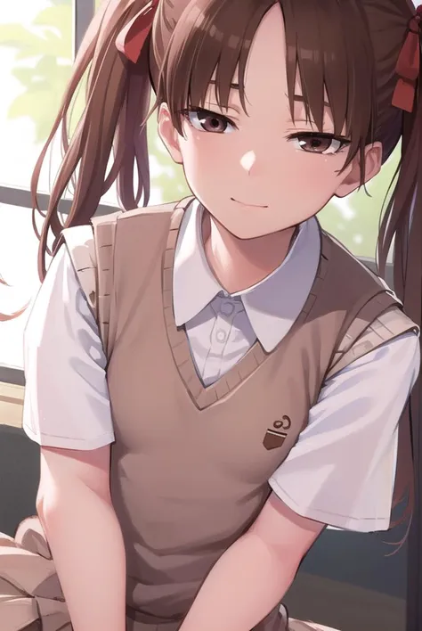 kurokoshirai, <lyco:kurokoshirai-lyco-nochekaiser:1>,
kuroko shirai, brown hair, long hair, (parted bangs:1.5), (brown eyes:1.7), ringlets, twintails, hair bow, bow, red bow, (small breasts:1.2), <lora:sensualface_type1:1>, smile,
BREAK armband, black skirt, collared shirt, dress shirt, pleated skirt, safety pin, school uniform, shirt, short sleeves, skirt, summer uniform, sweater vest, tokiwadai school uniform, twintails, white shirt, (brown sweater vest:1.5),
BREAK looking at viewer, upper body, fully body,
BREAK indoors, classroom,
BREAK <lyco:GoodHands-beta2:1>, (masterpiece:1.2), best quality, high resolution, unity 8k wallpaper, (illustration:0.8), (beautiful detailed eyes:1.6), extremely detailed face, perfect lighting, extremely detailed CG, (perfect hands, perfect anatomy),