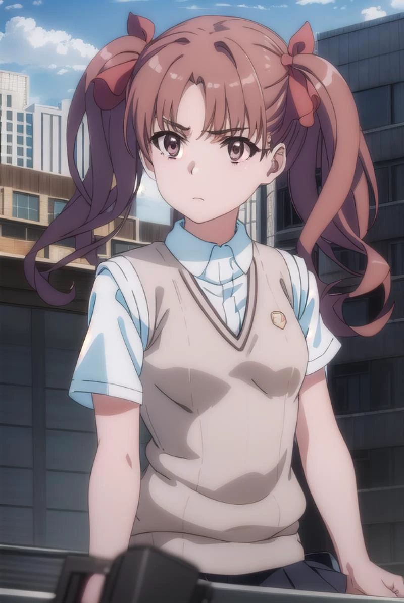 kurokoshirai, <lyco:kuroko shirai s3-lyco-nochekaiser:1>,
kuroko shirai, brown hair, long hair, (parted bangs:1.5), (brown eyes:1.7), ringlets, twintails, hair bow, bow, red bow, (small breasts:1.2),
BREAK armband, black skirt, collared shirt, dress shirt, pleated skirt, safety pin, school uniform, shirt, short sleeves, skirt, summer uniform, sweater vest, tokiwadai school uniform, twintails, white shirt, (brown sweater vest:1.5),
BREAK outdoor, city, sky, sun, clouds,
BREAK looking at viewer, (cowboy shot:1.5),
BREAK <lyco:GoodHands-beta2:1>, (masterpiece:1.2), best quality, high resolution, unity 8k wallpaper, (illustration:0.8), (beautiful detailed eyes:1.6), extremely detailed face, perfect lighting, extremely detailed CG, (perfect hands, perfect anatomy),