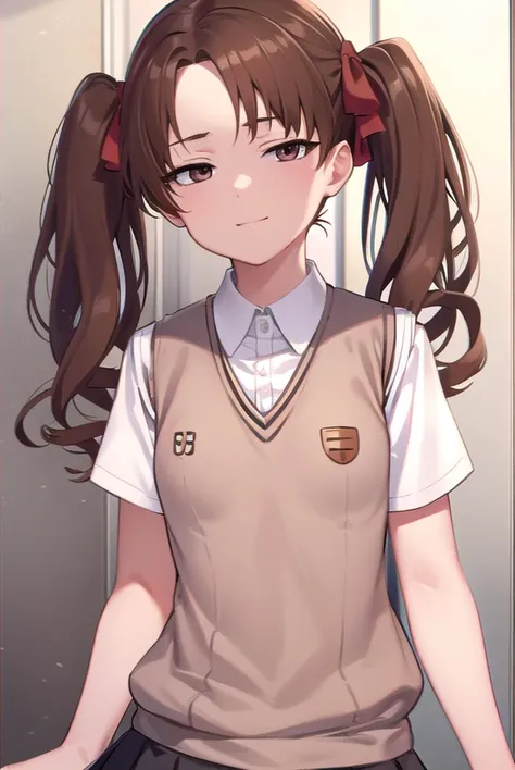 kurokoshirai, <lyco:kurokoshirai-lyco-nochekaiser:1>,
kuroko shirai, brown hair, long hair, (parted bangs:1.5), (brown eyes:1.7), ringlets, twintails, hair bow, bow, red bow, (small breasts:1.2), <lora:sensualface_type1:1>, smile,
BREAK armband, black skirt, collared shirt, dress shirt, pleated skirt, safety pin, school uniform, shirt, short sleeves, skirt, summer uniform, sweater vest, tokiwadai school uniform, twintails, white shirt, (brown sweater vest:1.5),
BREAK looking at viewer, upper body, fully body,
BREAK indoors, classroom,
BREAK <lyco:GoodHands-beta2:1>, (masterpiece:1.2), best quality, high resolution, unity 8k wallpaper, (illustration:0.8), (beautiful detailed eyes:1.6), extremely detailed face, perfect lighting, extremely detailed CG, (perfect hands, perfect anatomy),