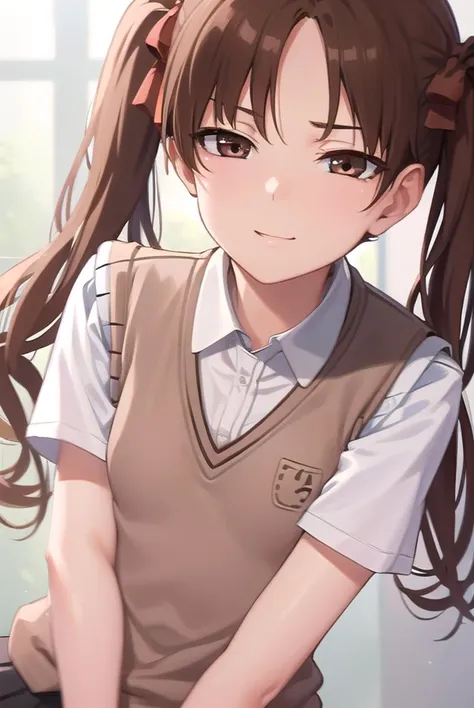 kurokoshirai, <lyco:kurokoshirai-lyco-nochekaiser:1>,
kuroko shirai, brown hair, long hair, (parted bangs:1.5), (brown eyes:1.7), ringlets, twintails, hair bow, bow, red bow, (small breasts:1.2), <lora:sensualface_type2:1>, smile,
BREAK armband, black skirt, collared shirt, dress shirt, pleated skirt, safety pin, school uniform, shirt, short sleeves, skirt, summer uniform, sweater vest, tokiwadai school uniform, twintails, white shirt, (brown sweater vest:1.5),
BREAK looking at viewer, upper body, fully body,
BREAK indoors, classroom,
BREAK <lyco:GoodHands-beta2:1>, (masterpiece:1.2), best quality, high resolution, unity 8k wallpaper, (illustration:0.8), (beautiful detailed eyes:1.6), extremely detailed face, perfect lighting, extremely detailed CG, (perfect hands, perfect anatomy),