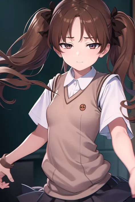 kurokoshirai, <lyco:kurokoshirai-lyco-nochekaiser:1>,
kuroko shirai, brown hair, long hair, (parted bangs:1.5), (brown eyes:1.7), ringlets, twintails, hair bow, bow, red bow, (small breasts:1.2), <lora:sensualface_type1:1>, smile,
BREAK armband, black skirt, collared shirt, dress shirt, pleated skirt, safety pin, school uniform, shirt, short sleeves, skirt, summer uniform, sweater vest, tokiwadai school uniform, twintails, white shirt, (brown sweater vest:1.5),
BREAK looking at viewer, upper body, fully body,
BREAK indoors, classroom,
BREAK <lyco:GoodHands-beta2:1>, (masterpiece:1.2), best quality, high resolution, unity 8k wallpaper, (illustration:0.8), (beautiful detailed eyes:1.6), extremely detailed face, perfect lighting, extremely detailed CG, (perfect hands, perfect anatomy),