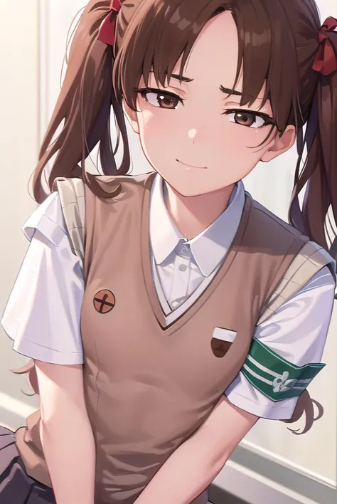 kurokoshirai, <lyco:kurokoshirai-lyco-nochekaiser:1>,
kuroko shirai, brown hair, long hair, (parted bangs:1.5), (brown eyes:1.7), ringlets, twintails, hair bow, bow, red bow, (small breasts:1.2), <lora:sensualface_type2:1>, smile,
BREAK armband, black skirt, collared shirt, dress shirt, pleated skirt, safety pin, school uniform, shirt, short sleeves, skirt, summer uniform, sweater vest, tokiwadai school uniform, twintails, white shirt, (brown sweater vest:1.5),
BREAK looking at viewer, upper body, fully body,
BREAK indoors, classroom,
BREAK <lyco:GoodHands-beta2:1>, (masterpiece:1.2), best quality, high resolution, unity 8k wallpaper, (illustration:0.8), (beautiful detailed eyes:1.6), extremely detailed face, perfect lighting, extremely detailed CG, (perfect hands, perfect anatomy),