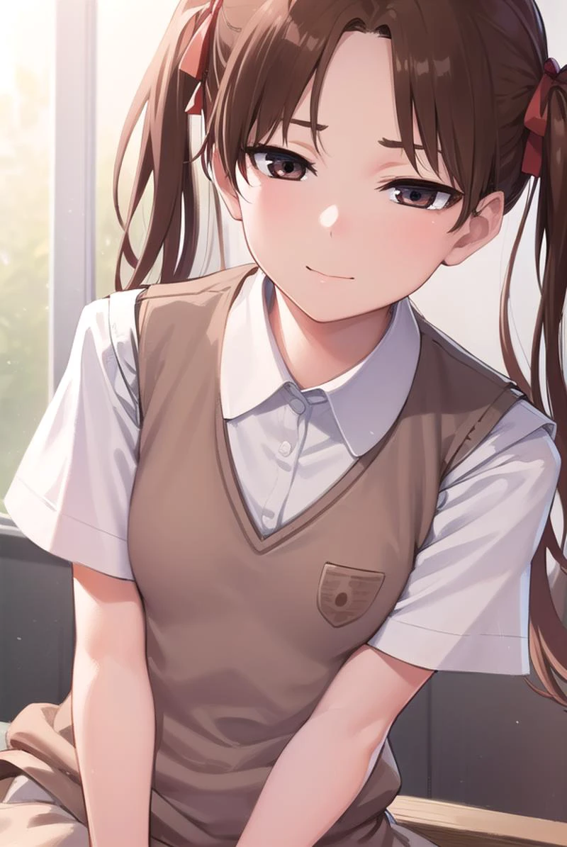 kurokoshirai, <lyco:kurokoshirai-lyco-nochekaiser:1>,
kuroko shirai, brown hair, long hair, (parted bangs:1.5), (brown eyes:1.7), ringlets, twintails, hair bow, bow, red bow, (small breasts:1.2), <lora:sensualface_type1:1>, smile,
BREAK armband, black skirt, collared shirt, dress shirt, pleated skirt, safety pin, school uniform, shirt, short sleeves, skirt, summer uniform, sweater vest, tokiwadai school uniform, twintails, white shirt, (brown sweater vest:1.5),
BREAK looking at viewer, upper body, fully body,
BREAK indoors, classroom,
BREAK <lyco:GoodHands-beta2:1>, (masterpiece:1.2), best quality, high resolution, unity 8k wallpaper, (illustration:0.8), (beautiful detailed eyes:1.6), extremely detailed face, perfect lighting, extremely detailed CG, (perfect hands, perfect anatomy),