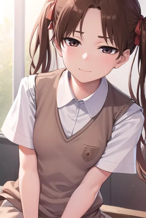 kurokoshirai, <lyco:kurokoshirai-lyco-nochekaiser:1>,
kuroko shirai, brown hair, long hair, (parted bangs:1.5), (brown eyes:1.7), ringlets, twintails, hair bow, bow, red bow, (small breasts:1.2), <lora:sensualface_type1:1>, smile,
BREAK armband, black skirt, collared shirt, dress shirt, pleated skirt, safety pin, school uniform, shirt, short sleeves, skirt, summer uniform, sweater vest, tokiwadai school uniform, twintails, white shirt, (brown sweater vest:1.5),
BREAK looking at viewer, upper body, fully body,
BREAK indoors, classroom,
BREAK <lyco:GoodHands-beta2:1>, (masterpiece:1.2), best quality, high resolution, unity 8k wallpaper, (illustration:0.8), (beautiful detailed eyes:1.6), extremely detailed face, perfect lighting, extremely detailed CG, (perfect hands, perfect anatomy),