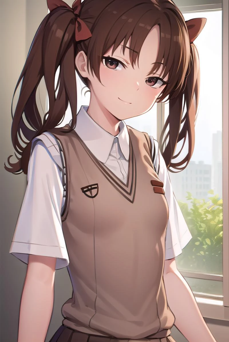 kurokoshirai, <lyco:kurokoshirai-lyco-nochekaiser:1>,
kuroko shirai, brown hair, long hair, (parted bangs:1.5), (brown eyes:1.7), ringlets, twintails, hair bow, bow, red bow, (small breasts:1.2), <lora:sensualface_type1:1>, smile,
BREAK armband, black skirt, collared shirt, dress shirt, pleated skirt, safety pin, school uniform, shirt, short sleeves, skirt, summer uniform, sweater vest, tokiwadai school uniform, twintails, white shirt, (brown sweater vest:1.5),
BREAK looking at viewer, upper body, fully body,
BREAK indoors, classroom,
BREAK <lyco:GoodHands-beta2:1>, (masterpiece:1.2), best quality, high resolution, unity 8k wallpaper, (illustration:0.8), (beautiful detailed eyes:1.6), extremely detailed face, perfect lighting, extremely detailed CG, (perfect hands, perfect anatomy),
