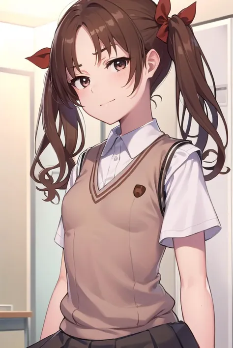 kurokoshirai, <lyco:kurokoshirai-lyco-nochekaiser:1>,
kuroko shirai, brown hair, long hair, (parted bangs:1.5), (brown eyes:1.7), ringlets, twintails, hair bow, bow, red bow, (small breasts:1.2), <lora:sensualface_type2:1>, smile,
BREAK armband, black skirt, collared shirt, dress shirt, pleated skirt, safety pin, school uniform, shirt, short sleeves, skirt, summer uniform, sweater vest, tokiwadai school uniform, twintails, white shirt, (brown sweater vest:1.5),
BREAK looking at viewer, upper body, fully body,
BREAK indoors, classroom,
BREAK <lyco:GoodHands-beta2:1>, (masterpiece:1.2), best quality, high resolution, unity 8k wallpaper, (illustration:0.8), (beautiful detailed eyes:1.6), extremely detailed face, perfect lighting, extremely detailed CG, (perfect hands, perfect anatomy),