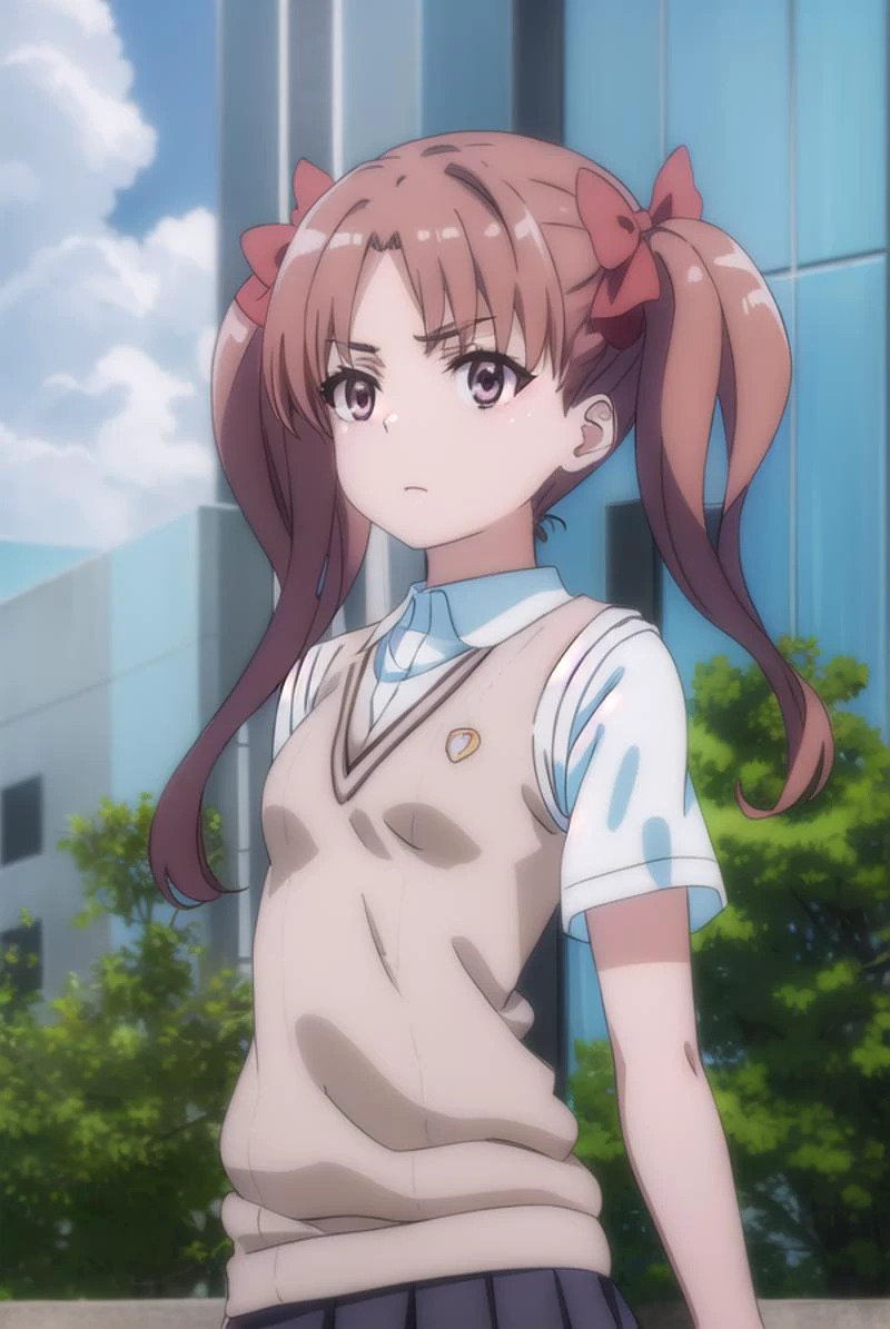 kurokoshirai, <lyco:kuroko shirai s3-lyco-nochekaiser:1>,
kuroko shirai, brown hair, long hair, (parted bangs:1.5), (brown eyes:1.7), ringlets, twintails, hair bow, bow, red bow, (small breasts:1.2),
BREAK armband, black skirt, collared shirt, dress shirt, pleated skirt, safety pin, school uniform, shirt, short sleeves, skirt, summer uniform, sweater vest, tokiwadai school uniform, twintails, white shirt, (brown sweater vest:1.5),
BREAK outdoor, city, sky, sun, clouds,
BREAK looking at viewer, (cowboy shot:1.5),
BREAK <lyco:GoodHands-beta2:1>, (masterpiece:1.2), best quality, high resolution, unity 8k wallpaper, (illustration:0.8), (beautiful detailed eyes:1.6), extremely detailed face, perfect lighting, extremely detailed CG, (perfect hands, perfect anatomy),