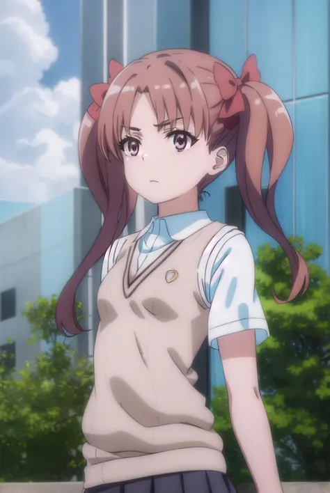 kurokoshirai, <lyco:kuroko shirai s3-lyco-nochekaiser:1>,
kuroko shirai, brown hair, long hair, (parted bangs:1.5), (brown eyes:1.7), ringlets, twintails, hair bow, bow, red bow, (small breasts:1.2),
BREAK armband, black skirt, collared shirt, dress shirt, pleated skirt, safety pin, school uniform, shirt, short sleeves, skirt, summer uniform, sweater vest, tokiwadai school uniform, twintails, white shirt, (brown sweater vest:1.5),
BREAK outdoor, city, sky, sun, clouds,
BREAK looking at viewer, (cowboy shot:1.5),
BREAK <lyco:GoodHands-beta2:1>, (masterpiece:1.2), best quality, high resolution, unity 8k wallpaper, (illustration:0.8), (beautiful detailed eyes:1.6), extremely detailed face, perfect lighting, extremely detailed CG, (perfect hands, perfect anatomy),