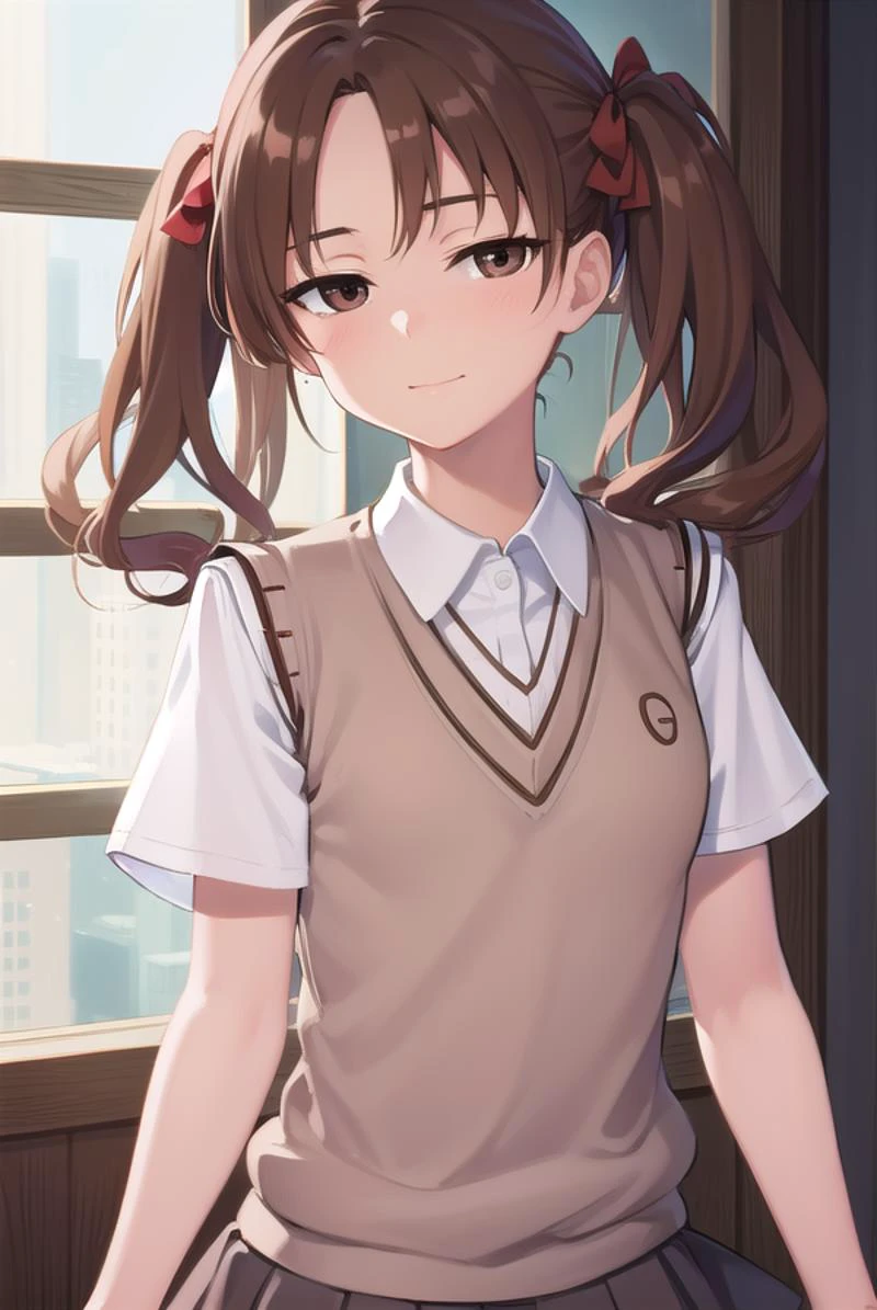 kurokoshirai, <lyco:kurokoshirai-lyco-nochekaiser:1>,
kuroko shirai, brown hair, long hair, (parted bangs:1.5), (brown eyes:1.7), ringlets, twintails, hair bow, bow, red bow, (small breasts:1.2), <lora:sensualface_type1:1>, smile,
BREAK armband, black skirt, collared shirt, dress shirt, pleated skirt, safety pin, school uniform, shirt, short sleeves, skirt, summer uniform, sweater vest, tokiwadai school uniform, twintails, white shirt, (brown sweater vest:1.5),
BREAK looking at viewer, upper body, fully body,
BREAK indoors, classroom,
BREAK <lyco:GoodHands-beta2:1>, (masterpiece:1.2), best quality, high resolution, unity 8k wallpaper, (illustration:0.8), (beautiful detailed eyes:1.6), extremely detailed face, perfect lighting, extremely detailed CG, (perfect hands, perfect anatomy),
