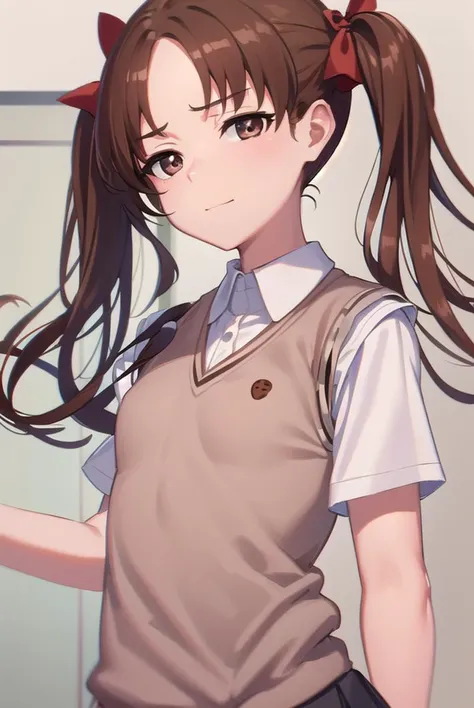 kurokoshirai, <lyco:kurokoshirai-lyco-nochekaiser:1>,
kuroko shirai, brown hair, long hair, (parted bangs:1.5), (brown eyes:1.7), ringlets, twintails, hair bow, bow, red bow, (small breasts:1.2), <lora:sensualface_type2:1>, smile,
BREAK armband, black skirt, collared shirt, dress shirt, pleated skirt, safety pin, school uniform, shirt, short sleeves, skirt, summer uniform, sweater vest, tokiwadai school uniform, twintails, white shirt, (brown sweater vest:1.5),
BREAK looking at viewer, upper body, fully body,
BREAK indoors, classroom,
BREAK <lyco:GoodHands-beta2:1>, (masterpiece:1.2), best quality, high resolution, unity 8k wallpaper, (illustration:0.8), (beautiful detailed eyes:1.6), extremely detailed face, perfect lighting, extremely detailed CG, (perfect hands, perfect anatomy),