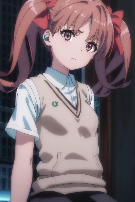 kurokoshirai, <lyco:kuroko shirai s3-lyco-nochekaiser:1>,
kuroko shirai, brown hair, long hair, (parted bangs:1.5), (brown eyes:1.7), ringlets, twintails, hair bow, bow, red bow, (small breasts:1.2),
BREAK armband, black skirt, collared shirt, dress shirt, pleated skirt, safety pin, school uniform, shirt, short sleeves, skirt, summer uniform, sweater vest, tokiwadai school uniform, twintails, white shirt, (brown sweater vest:1.5),
BREAK outdoor, city, sky, sun, clouds,
BREAK looking at viewer, (cowboy shot:1.5),
BREAK <lyco:GoodHands-beta2:1>, (masterpiece:1.2), best quality, high resolution, unity 8k wallpaper, (illustration:0.8), (beautiful detailed eyes:1.6), extremely detailed face, perfect lighting, extremely detailed CG, (perfect hands, perfect anatomy),