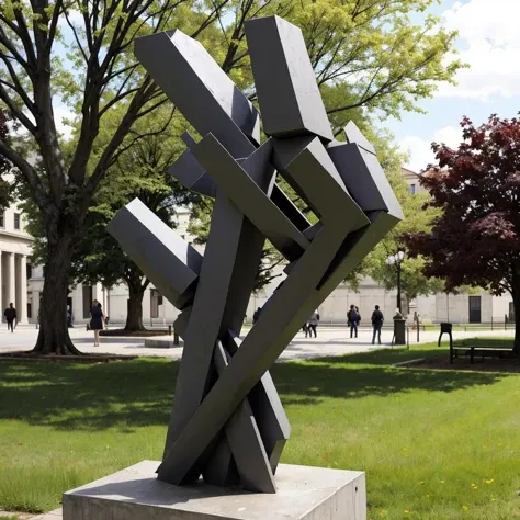 <lora:Llebbeuswoods:1> artwork, sculpture in a public park