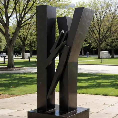 <lora:Llebbeuswoods:1> artwork, sculpture in a public park