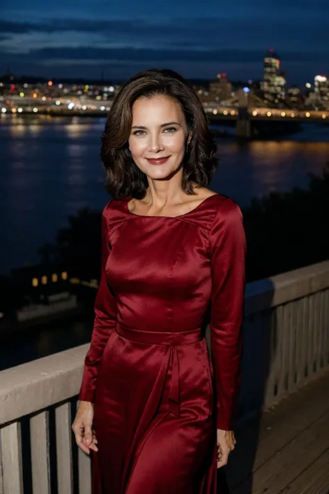 <lora:lcww_V11aa_Locon-000008:1>, medium shot, front view, realistic photo of lcww, a mature woman, 50 years old, (facial wrinkles:0.5), slim body, wearing a gown, standing on a bridge, city background, smiling, looking at the camera, (sharp forcus, highly detailed, 4k, 8k, best quality, masterpiece, ultra highres:1), night time, dark lighting, contrast, <lora:rMadArt3_NoiseOffset:2>