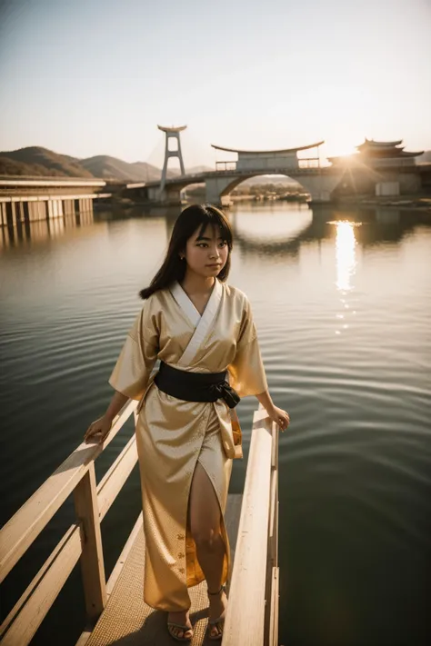 1girl, (ukiyo-e art stylized by Katsushika Åi:1.0) , artistic Cinematic still, desolate space and lake, intricate background, long shot of a [Golden Age:Cameroonian:5] ([Planet Mercury|Bridge]:1.3) , the Bridge is very flawless and Breathtaking, it is anthropomorphic with a face, it has intricate details, Glad Pompeii in background, at Twilight, in focus, Dynamic, Fearful, concept art, Hispanicore, Warm lighting, 800mm lens, complementary colors, halftone texture, vignette, unreal engine, dslr