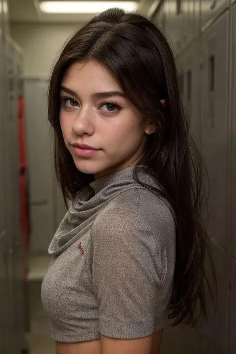 headshot of S472_RachelBrockman,a stunning woman,in a (locker-room:1.1),wearing a (cowlneck),(4k, RAW photo, best quality, 50mm, depth of field, ultra high res:1.1),(intricate, photorealistic, cinematic-shot, masterpiece, ultra-detailed:1.1),