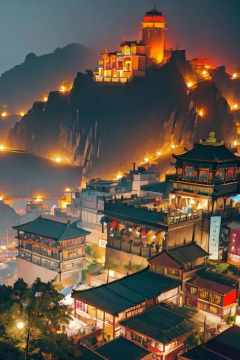 (otherworldly, otherworldly atmosphere, otherworldly appearance), highly insanely detailed, masterpiece, top quality, best quality, highres, 4k, 8k, RAW photo, <lora:neg4all_bdsqlsz_V3.5:-1>, <lora:Jiufen:0.75>, (jiufen taiwan:1.3), scenery,
<lora:de-anime-er_v10:-0.5>, no humans, night, sta, (fantasy world)