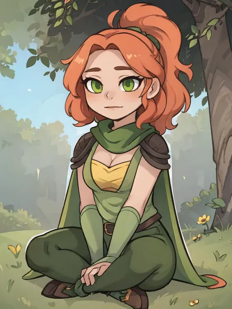 masterpiece, best quality,
1girl, full body, sitting, (crossed legs:1.2), ponytail, hand between legs, on ground.
forest, flower, wind,
windranger, lyralei, green eyes, green pants, green cape,
<lora:Windrunnerv0.1:0.7>