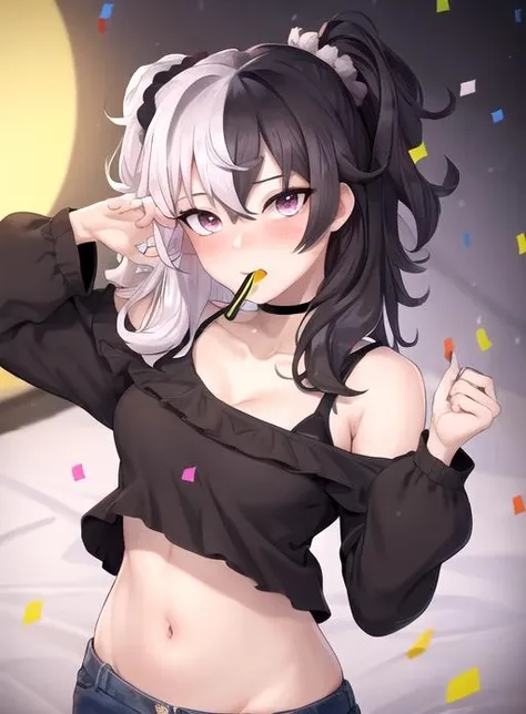 best quality, (masterpiece),(ultra-detailed), (high quality), (high resolution), <lora:mafehsinglu:0.7>,1girl, :d, black choker, black eyes, black hair, blush, confetti, earrings, finger to mouth, hair ornament, hair scrunchie, mafehsingluten, medium breasts, multicolored hair, navel, off shoulder, purple eyes, scrunchie, shirt, solo, split-color hair, two-tone hair, virtual youtuber, white hair