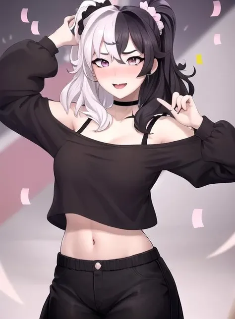 best quality, (masterpiece),(ultra-detailed), (high quality), (high resolution), <lora:mafehsinglu:0.7>,1girl, :d, black choker, black eyes, black hair, blush, confetti, earrings, finger to mouth, hair ornament, hair scrunchie, mafehsingluten, medium breasts, multicolored hair, navel, off shoulder, purple eyes, scrunchie, shirt, solo, split-color hair, two-tone hair, virtual youtuber, white hair