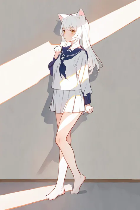 (best quality, masterpiece, highres),1girl,solo,white hair,cat ears,pompadour,leg lift,paw pose,serafuku,full body,wall,dynamic_angle,
<lora:a beam of light_v1.04:1>,light rays,
